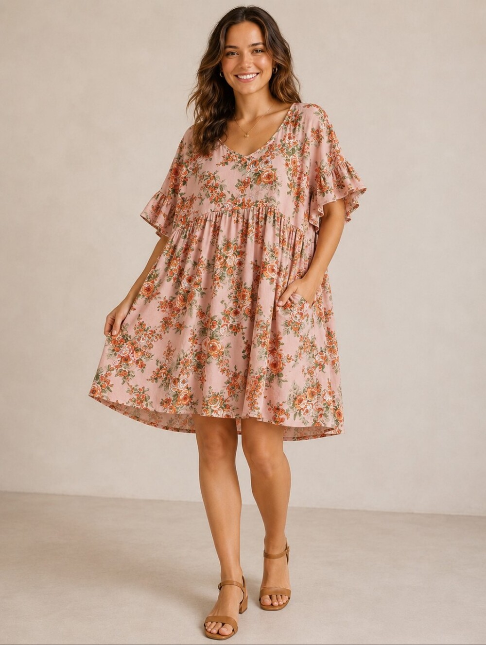 UUncle Frank Dusty Pink Floral Babydoll Dress S/M Flutter Sleeve Pockets